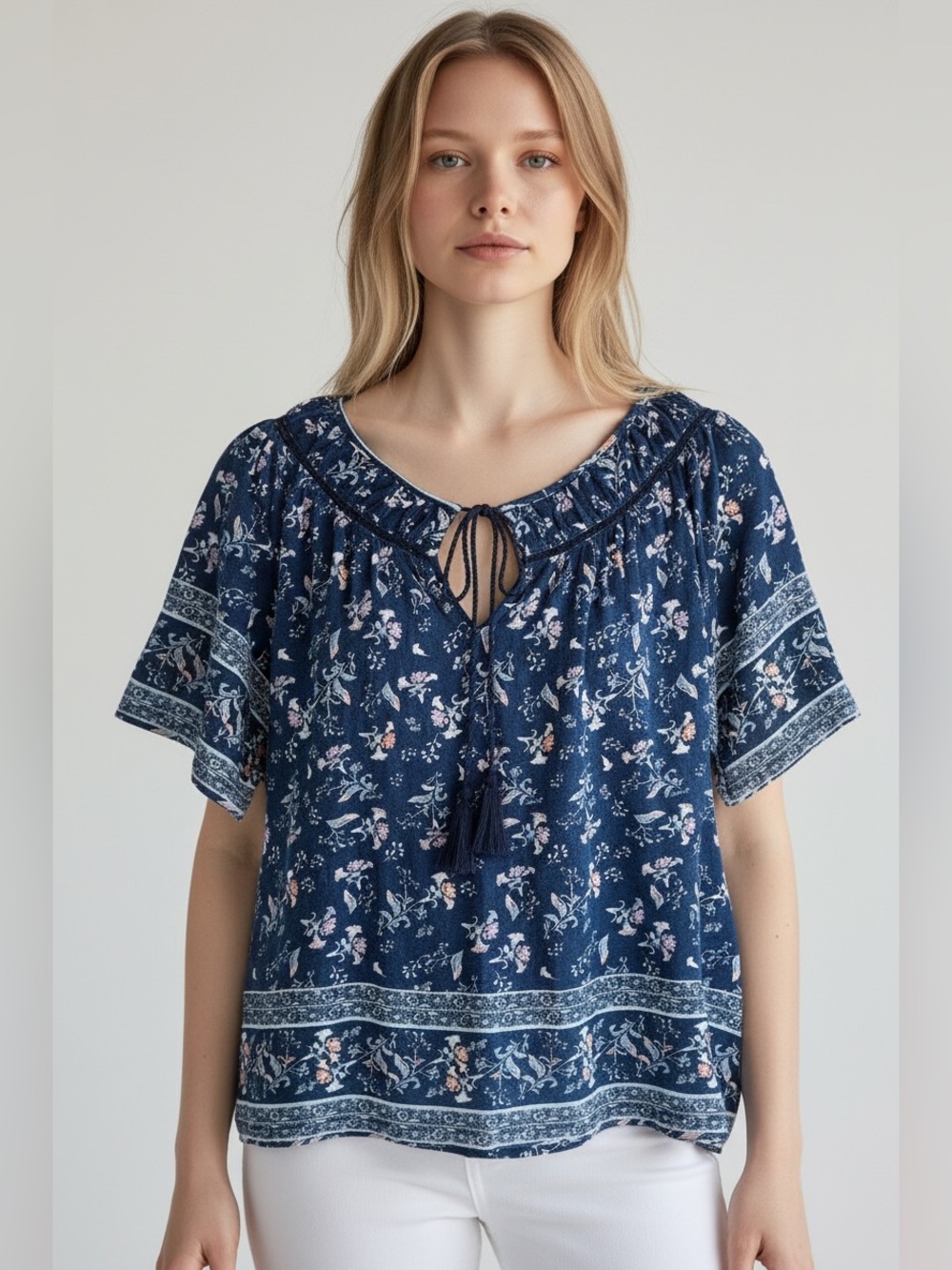 Lucky Brand Flower Print Tassels Navy Women’s Top Size SP NWT